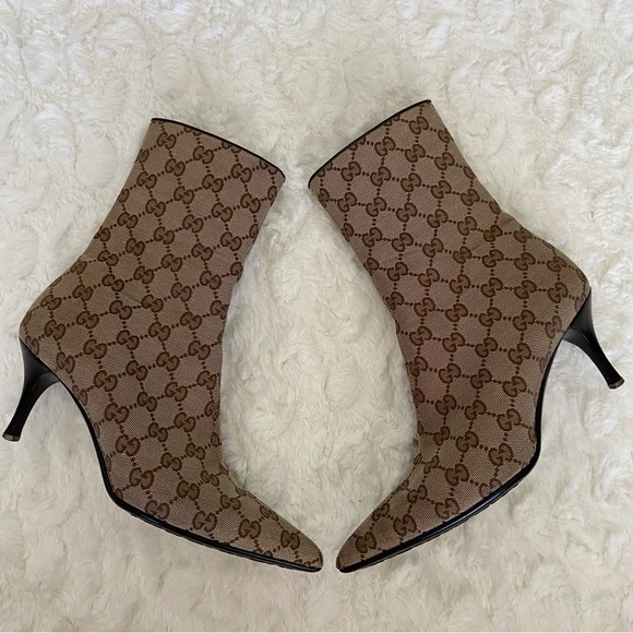 GUCCI GG Monogram Canvas Leather Ankle Boots Booties Stiletto Heels Pointed Toe - Picture 1 of 16